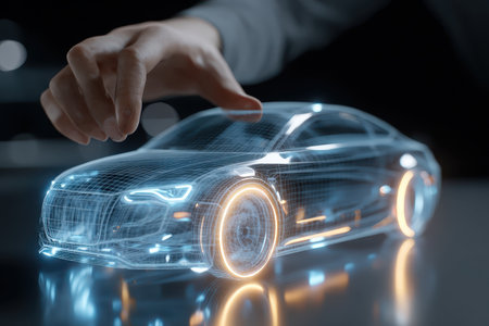 A digital representation of a futuristic car model is showcased with a hand gently interacting. The glowing lines and transparent details highlight innovation and creativity in automotive design.の素材