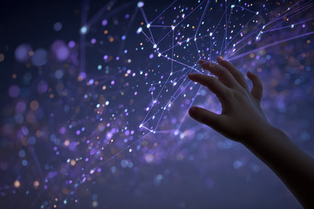 A human hand reaches out towards a stunning digital backdrop of glowing stars and connections, evoking feelings of wonder and exploration in a vibrant abstract design.の素材