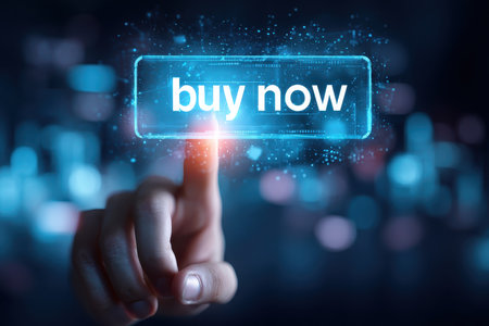 A hand presses a glowing digital buy now button against a futuristic background, symbolizing online shopping and quick purchase options in a technology-driven world.の素材