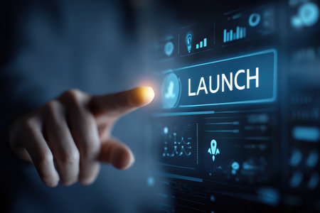 A user interacts with a digital interface by pressing a launch button. This image embodies technology, innovation, and modern workspace concepts.の素材