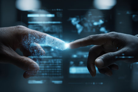 This image showcases the interaction between a digital fingerprint and a human touch. It emphasizes technological advancement in security and identification methods.の素材