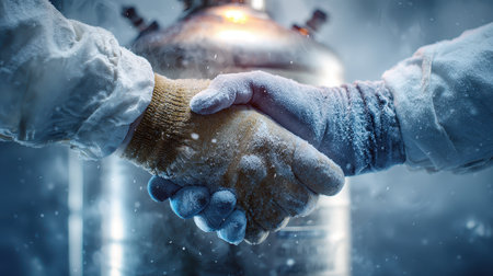 A close-up of two people shaking hands wearing gloves, surrounded by a frosty environment. This image symbolizes partnership and collaboration in icy conditions.の素材