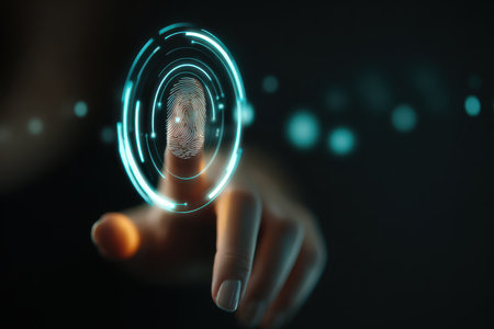 A digital fingerprint is scanned by a futuristic interface showcasing advanced biometric technology for identity verification and security access.の素材