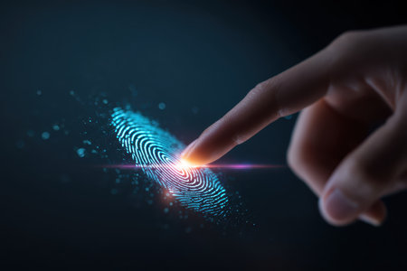 A close-up view of a human finger touching a glowing digital fingerprint, symbolizing identity verification and security technology in a modern, abstract design.の素材