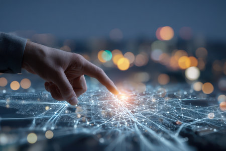 A close-up view of a hand reaching towards a network of glowing digital connections, illustrating the concept of interaction with technology in a modern urban environment.の素材