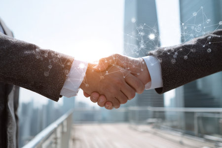 A close-up of a business handshake representing partnership and collaboration in an urban setting. The image captures the essence of trust and agreement in the corporate world.の素材
