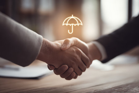 A close-up view of a handshake between two professionals, symbolizing trust and collaboration in business, with an umbrella icon representing protection and security.の素材
