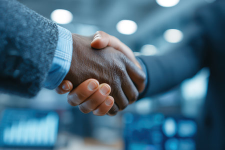 Captured close-up of two diverse businessmen shaking hands, symbolizing partnership and cooperation in a modern corporate environment.の素材