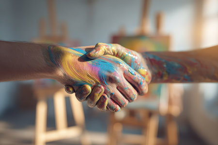 Two hands meet in a vibrant handshake covered in colorful paint, symbolizing creativity and collaboration in an artistic environment filled with energy.の素材