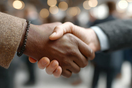 A close-up image capturing a handshake between two individuals in a business environment, symbolizing partnership and cooperation. The photo showcases diversity and trust in a professional setting.の素材