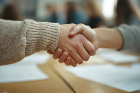 Two people engage in a handshake, symbolizing agreement and collaboration in a professional setting. This close-up captures the essence of trust and communication.の素材