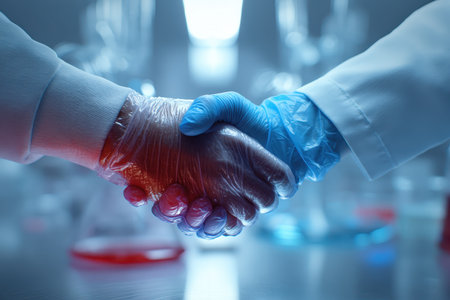 Two scientists in gloves engage in a handshake in a laboratory, symbolizing collaboration and trust in their scientific endeavors.の素材