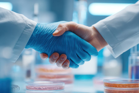 Two scientists engage in a handshake, symbolizing collaboration and success in a laboratory environment. The focus is on teamwork in research and innovation.の素材