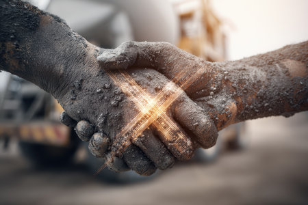 Hands covered in mud symbolize strong partnership and teamwork in construction. This image captures the essence of collaboration and mutual effort in the industry.の素材