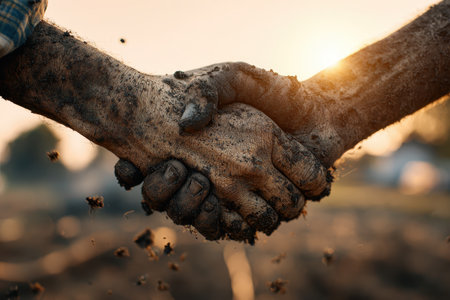 A powerful handshake between two farmers with muddy hands symbolizes partnership and trust in agriculture, set against a beautiful sunset backdrop.の素材