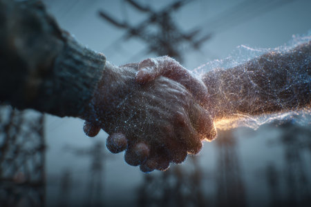 A visually striking representation of a handshake showcasing a blend of digital elements and electric power lines, symbolizing unity and collaboration in a modern context.の素材