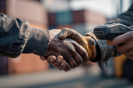 Two hands shake in an industrial area, representing partnership and trust. The image highlights teamwork and collaboration among workers in a logistics setting.の素材
