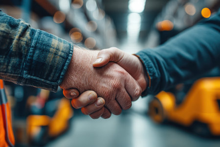 Two workers engage in a firm handshake within a bustling warehouse, symbolizing teamwork and partnership, surrounded by equipment and focused on collaboration.の素材