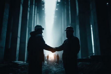 Two construction workers shake hands in an industrial setting, symbolizing teamwork and collaboration amidst a backdrop of shadows and light.の素材