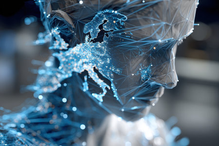 A captivating digital representation of a human silhouette featuring a glowing map of Europe, illustrating the intersection of technology and art.の素材