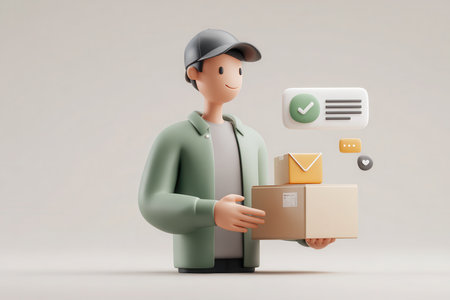 Modern 3D character holding delivery packages with notification icons, emphasizing online shopping and simple communication in an engaging and friendly way.の素材