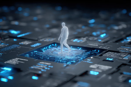 A holographic digital human figure walks on a circuit board, surrounded by glowing blue lights, representing future technology and innovation in digital design.の素材