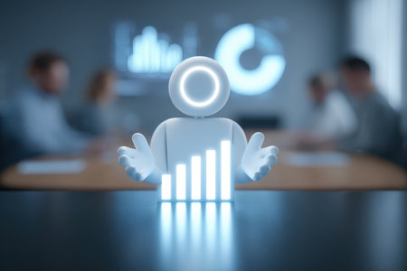 A 3D character representing data growth stands in front of a business meeting, illustrating analytics and progress in a corporate environment, emphasizing teamwork and innovation.の素材