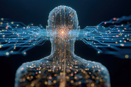 This captivating abstract image features a human figure adorned with intricate digital connections and bright glowing particles, symbolizing the fusion of technology and humanity.の素材