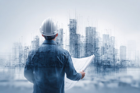 An architect reviews a blueprint against a modern city construction backdrop, emphasizing the fusion of design and urban development. This image showcases professional planning and innovation in architecture.の素材