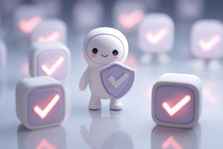 A charming character stands proudly with a shield, surrounded by luminous check marks. This playful and vibrant image symbolizes security and approval in a modern design.の素材
