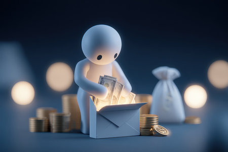 A creative 3D rendering of a cute character joyfully discovering cash in a box, surrounded by coins, representing concepts of wealth and financial success.の素材