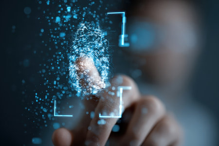 A close-up view of a finger touching a digital fingerprint interface, showcasing technology and security innovation in biometric recognition with a futuristic and abstract effect.の素材