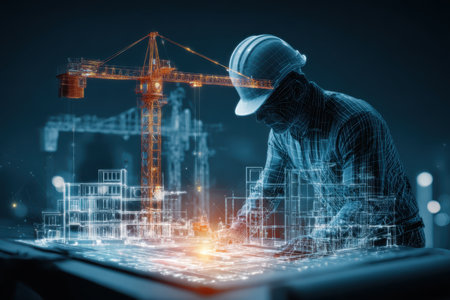 A construction worker engages with advanced technology to plan building projects, showcasing innovation in construction methods and real-time design visualization.の素材