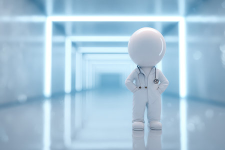 A playful cartoon character dressed as a doctor stands confidently in a sleek, futuristic corridor, promoting health and wellness with a stethoscope in a bright, clean environment.の素材