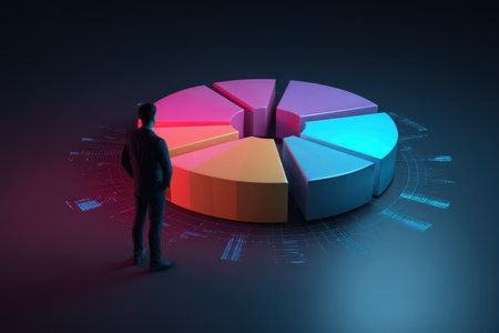 A business professional observes a colorful pie chart representing data analytics and business strategies. This image symbolizes decision-making and growth through effective visualization.の素材