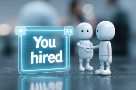 Two digital robots perform a handshake amidst a glowing "You hired" sign, symbolizing a tech-enhanced job recruitment process that represents modern innovation in employment.の素材