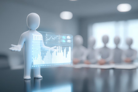 A 3D figure presents digital data visualizations in a modern office setting. The backdrop features a team engaged in a business meeting, emphasizing the importance of data-driven decision-making.の素材