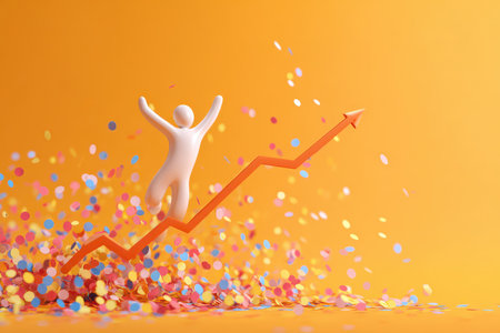 A cheerful figure climbs a graph symbolizing growth amidst colorful confetti. This vibrant scene embodies achievement, positivity, and success in business and personal goals.の素材
