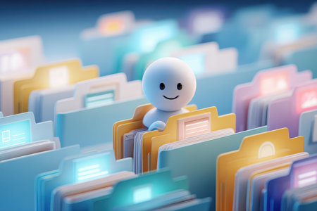This image features a cheerful character amidst colorful folders in a modern office. The vibrant design emphasizes organization and productivity in a creative workspace.の素材