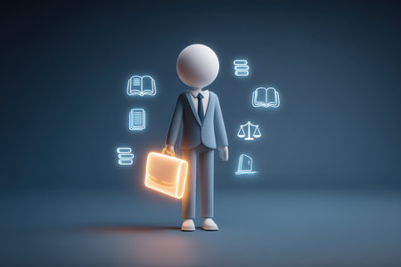 A business person stands confidently with a briefcase, surrounded by glowing icons representing legal and educational elements. This image conveys professionalism and innovation.の素材