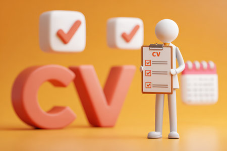 A 3D character holding a checklist on a clipboard, symbolizing job applications and professional readiness, with vibrant orange background and calendar elements.の素材