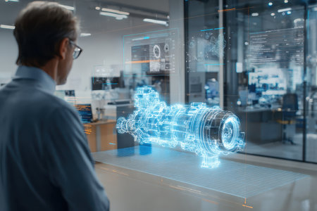An engineer interacts with an advanced holographic engine model in a high-tech office, showcasing modern technology and innovative design in the manufacturing industry.の素材