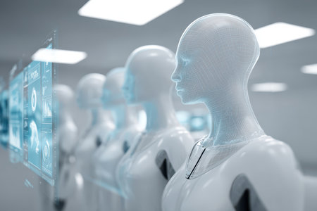 This stock photo showcases a modern laboratory featuring humanoid robots with digital interfaces. The blend of technology and design highlights innovation in robotics and artificial intelligence.の素材