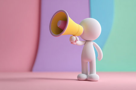 A playful white character holding a megaphone stands on a colorful backdrop, symbolizing communication and engagement. Perfect for concepts of promotion and dialogue.の素材
