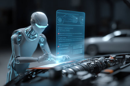 A futuristic robot mechanic analyzes a holographic report in a modern car workshop. The scene captures advanced technology in vehicle maintenance and inspection.の素材