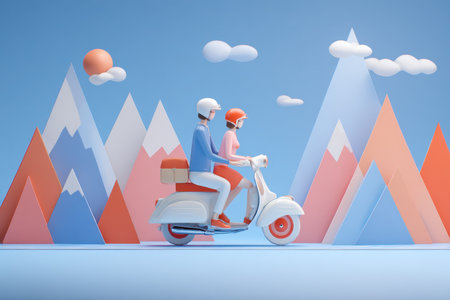 A vibrant and playful scene featuring a couple on a scooter riding through whimsical mountains, created with pastel colors and simple shapes, capturing joy and adventure.の素材