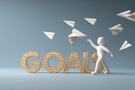 A person walks towards the word "GOALS," surrounded by flying paper airplanes, symbolizing ambition and the journey toward achieving dreams. The minimalist design emphasizes motivation and aspiration.の素材