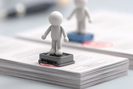 Small figurines standing on stacked papers with red stamps symbolize efficient document workflow and approval processes in professional office environments.の素材