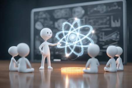 A stick figure presents an atomic model to a group of students in a classroom. This illustration captures the essence of modern education and engagement in science.の素材