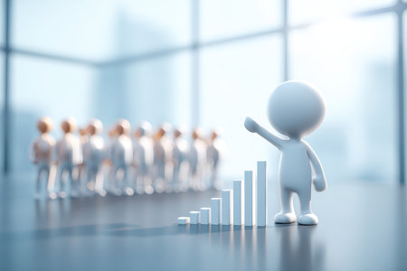 A small figure stands proudly next to bar graphs indicating growth, symbolizing success in a modern office environment. This image captures motivation and progress in business.の素材